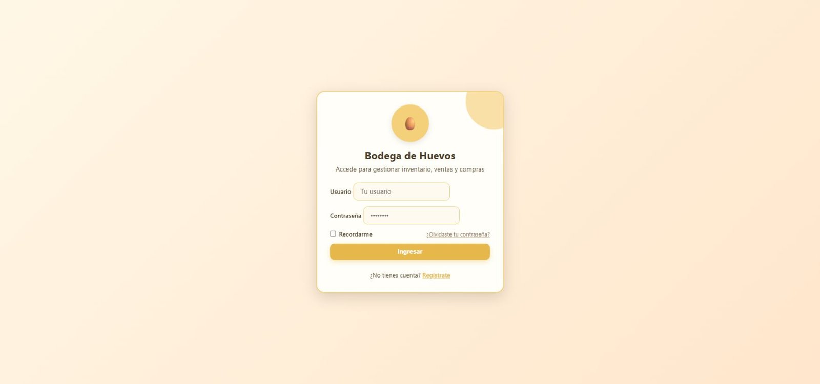 Pantalla de acceso de Bodega de Huevos