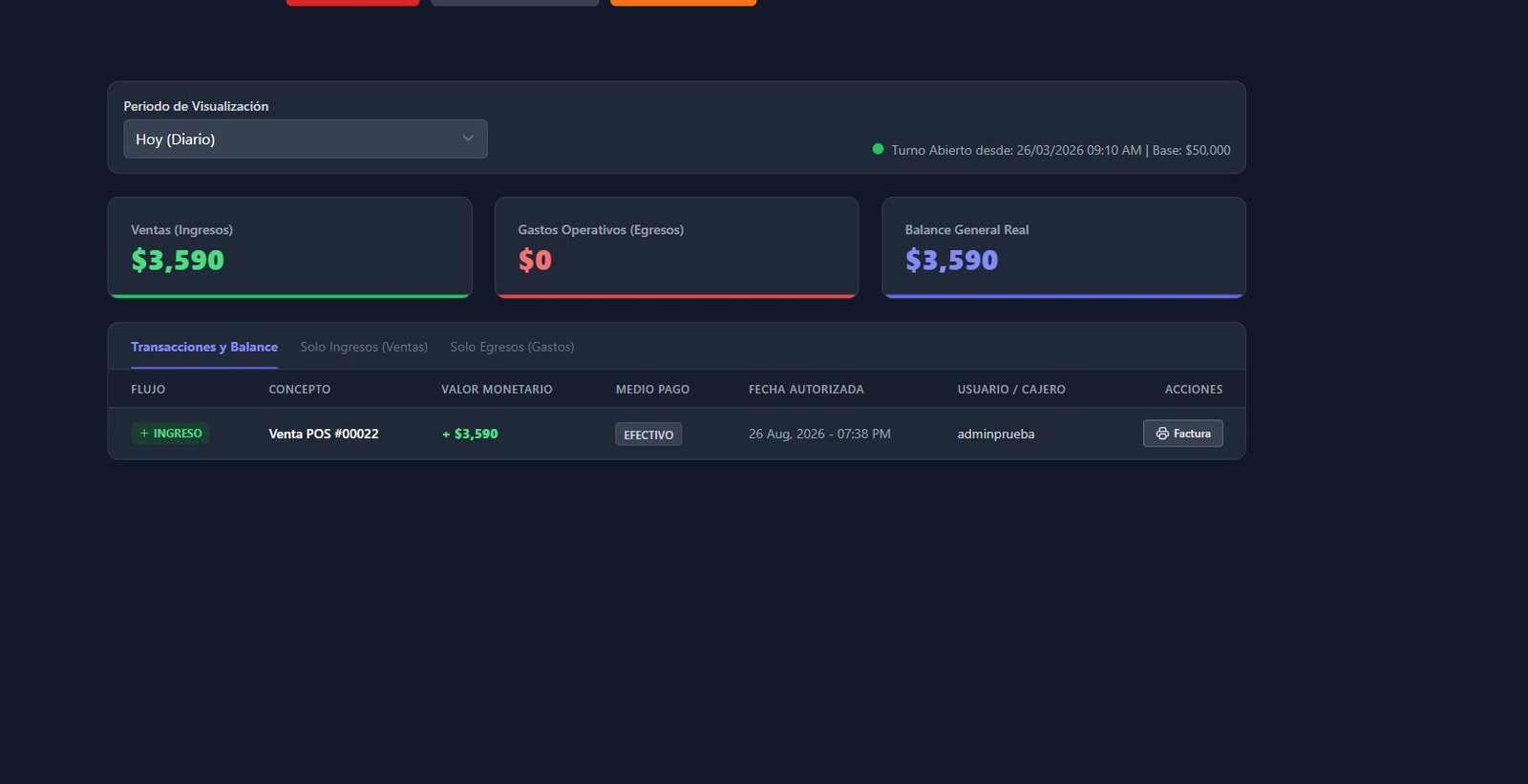 Control de caja diaria de ControlBod con ventas y saldo