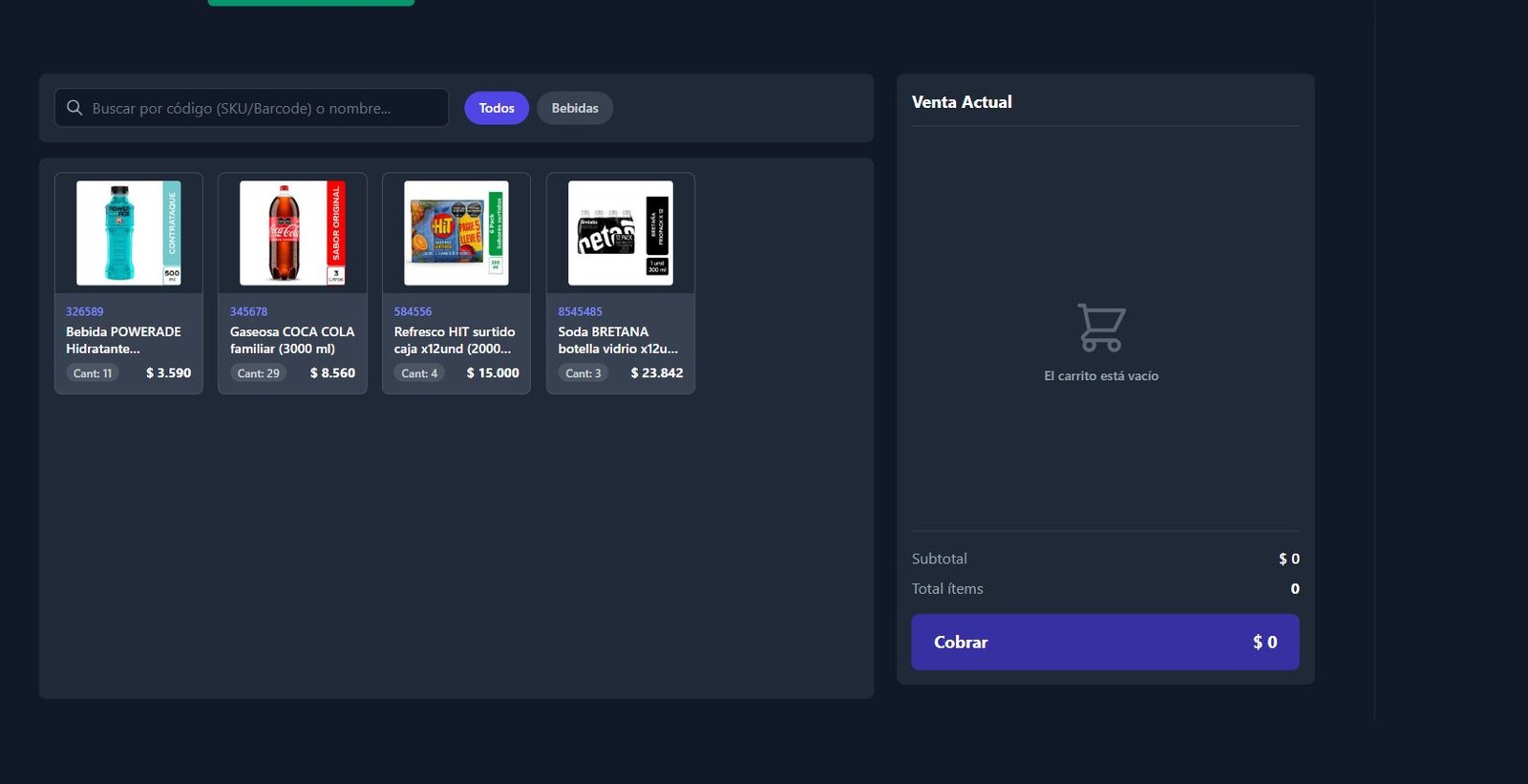 Punto de venta de ControlBod con productos y carrito vacío
