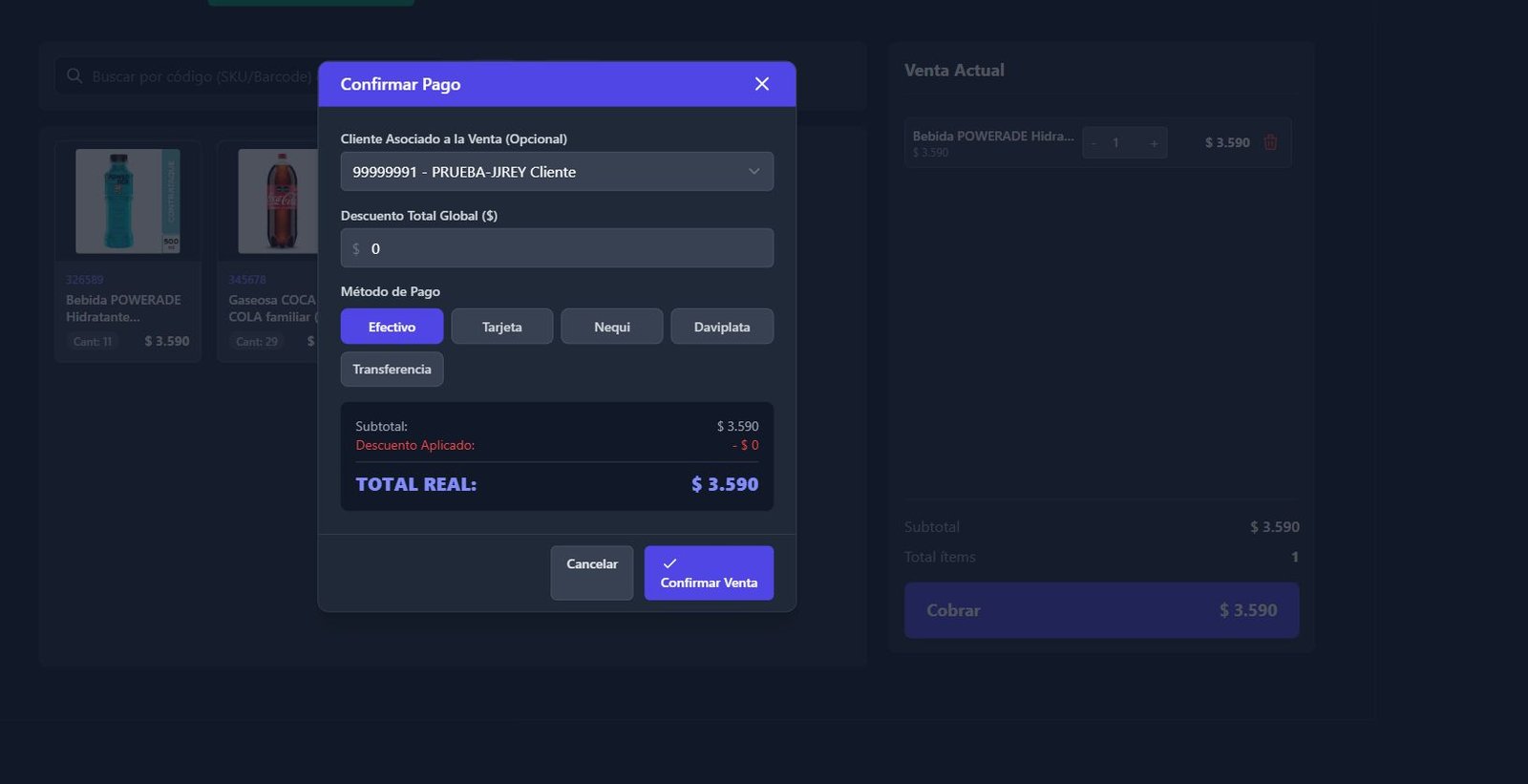 Modal de confirmación de pago de ControlBod con cliente y medios de pago